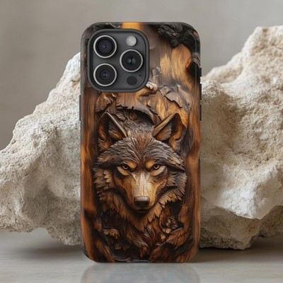 Alpha Wolf Faux Wood Carved Phone Case, Wilderness Phone Case, Printed Wood Grai