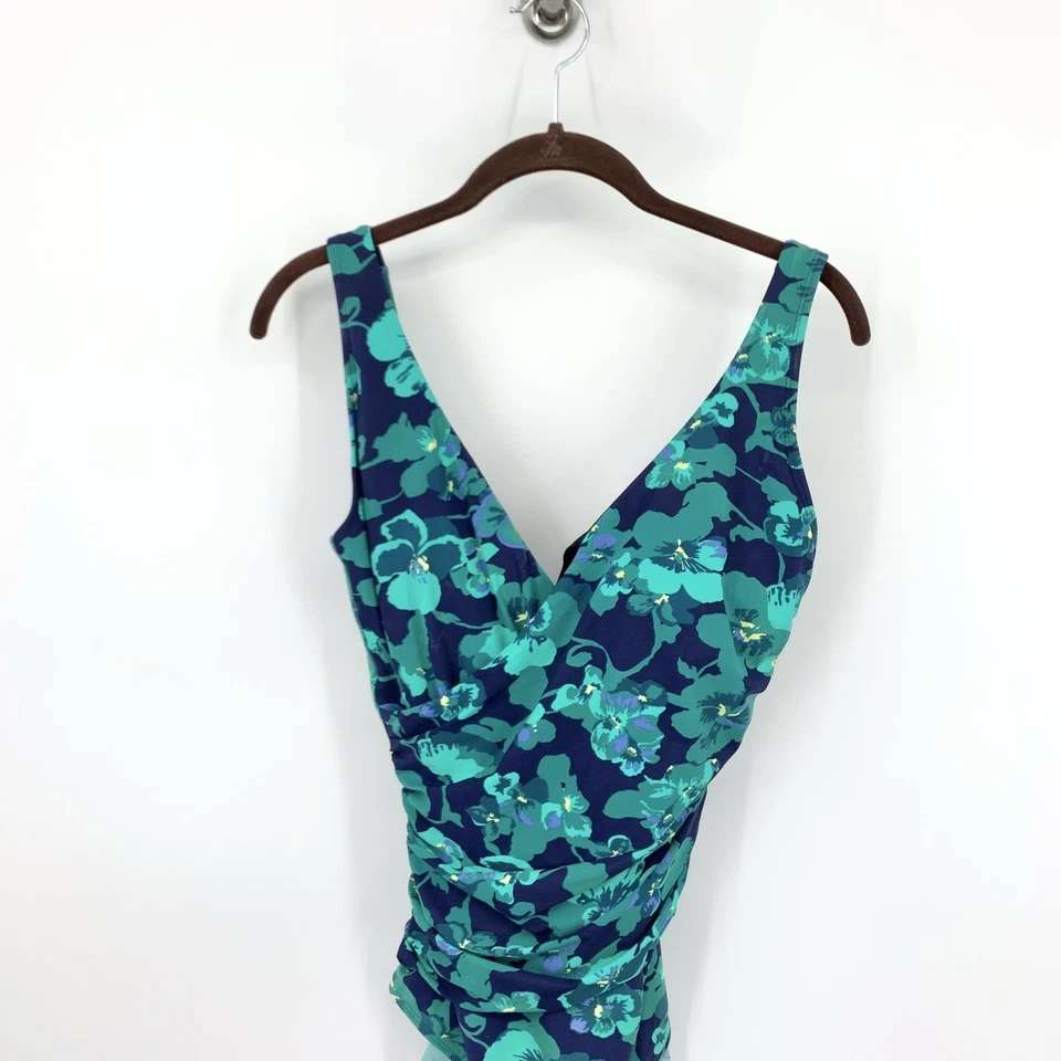 LL Bean Women Size 8 LONG Bathing Suit One Piece Shaping Swimwear Blue Floral - Image 2 of 4
