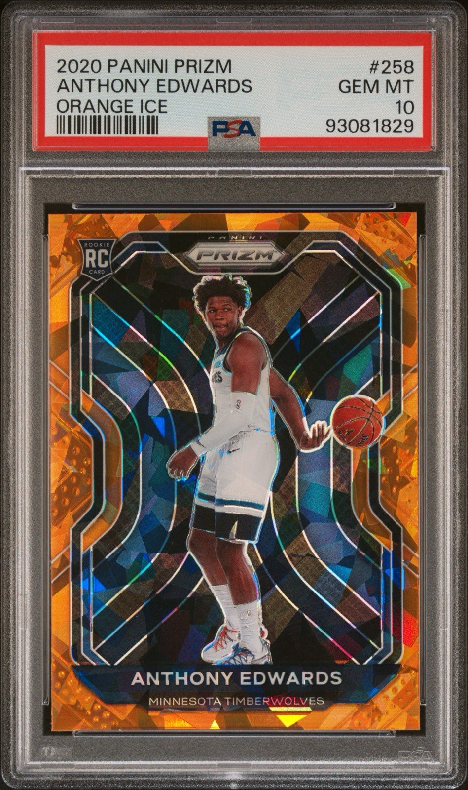 2020 Panini Prizm ANTHONY EDWARDS ROOKIE ORANGE ICE #258 PSA 10 GEM MINT view 1