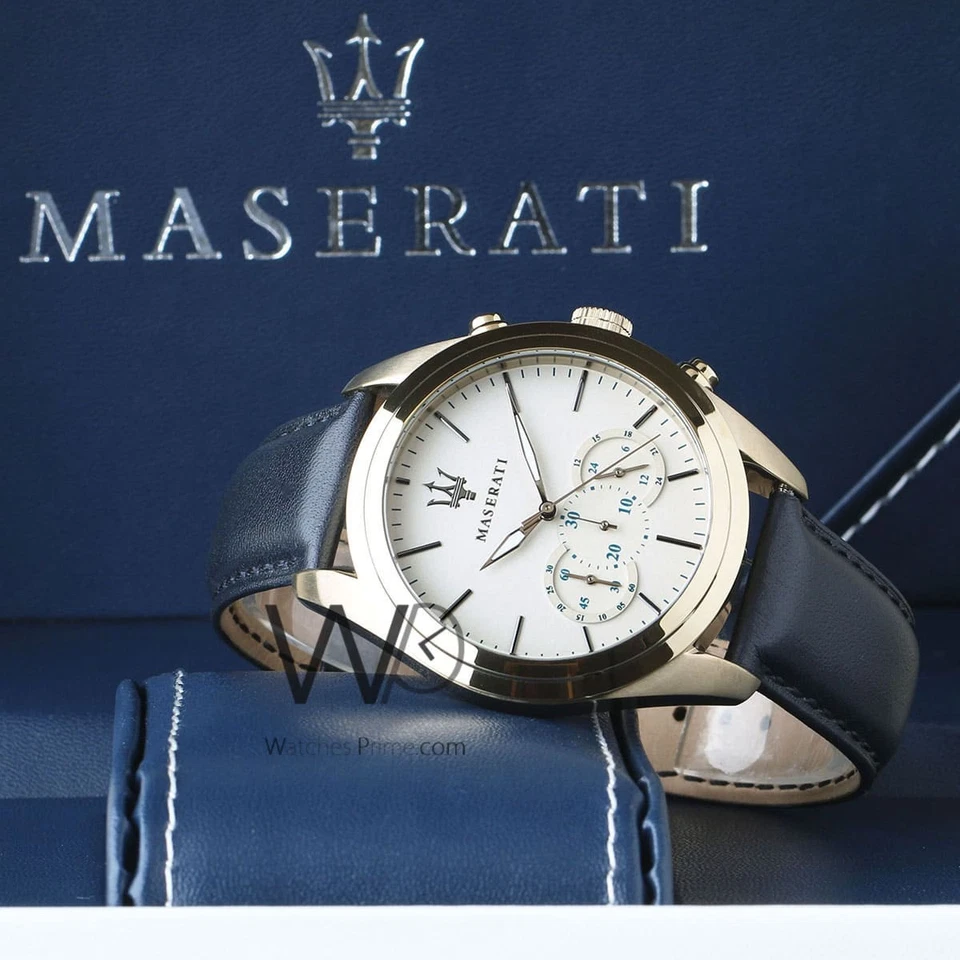 Reloj cronógrafo Maserati Traguardo para hombre esfera blanca con correa de cuero azul. Foto 4 de 4