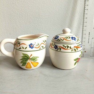 Milchkännchen & Zuckerdose mit Deckel Set ausgefallene Früchte Schichten Gruppe handbemalt Keramik