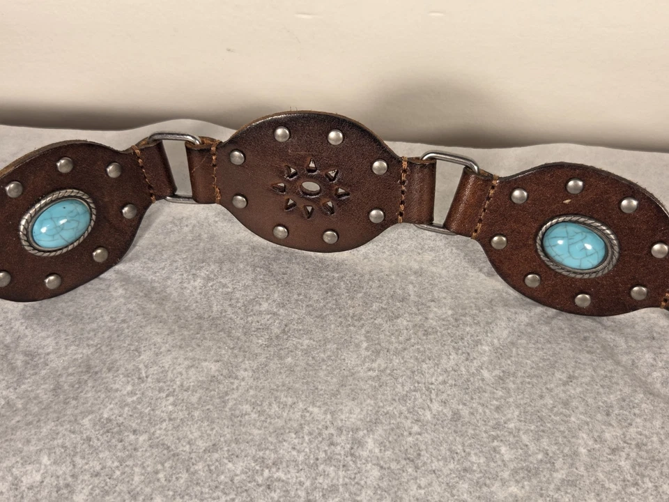 Boho Tassel Tie Western Belt Suede/Leather Faux Turquoise Concho Accent Belt 32" - Image 2 of 4