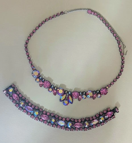 Vintage Aurora Borealis Pink Necklace & Bracelet Costume Jewelry Set by Regency