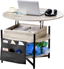 Round Lift Top Coffee Table with LED Light & Storage - Farmhouse Style Gray