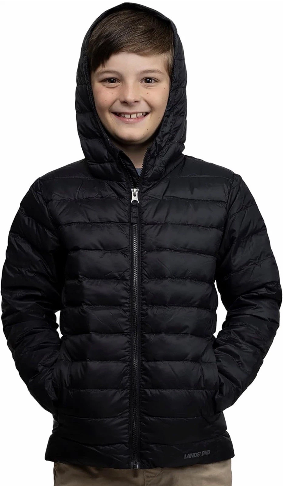 Kids Lands End ThermoPlume Packable Jacket Size XL Black