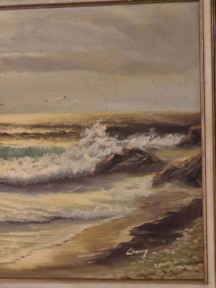 Pintura al óleo original de mediados de siglo sobre lienzo paisaje marino olas chocando por Frank... Foto 3 de 4