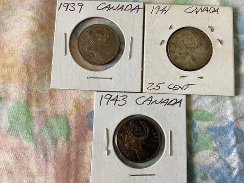 Lot Of 3 Silver 1939 1941 1943 Canada 25 Cent Quarter .800 Silver Coins