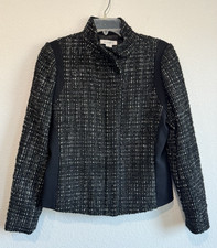Liz Claiborne Women's Black Tweed Blazer Zip Up Mock Neck Wool Blend Medium