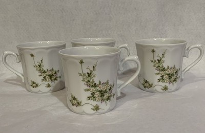 4 Eschenbach Bavaria Germany Flat Cups Porcelain Green Vine White Purple Flowers
