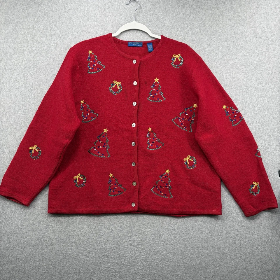 Cárdigan Suéter Karen Scott Lana Árboles de Navidad Coronas Mujer 2X Lentejuelas Rojas Foto 3 de 4