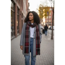 London Fog Women's XXL Gray Wool Blend Coat with Plaid Scarf Set