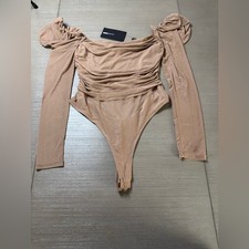 Fashion Nova Mocha Ruched Off-Shoulder Bodysuit
