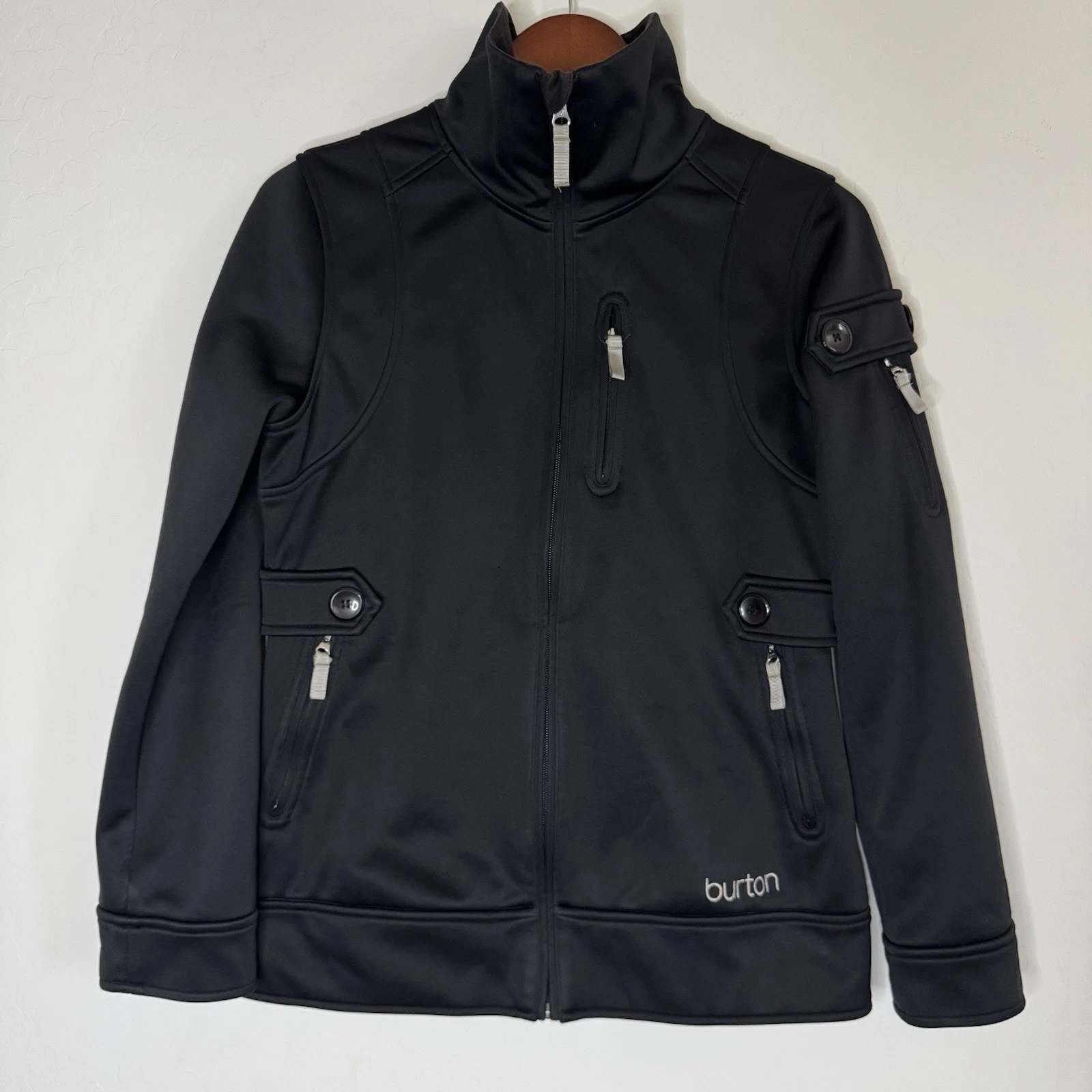 Burton Womens Medium Fitted Ski Snow Jacket Black Fleece Lined Full Zip Pockets