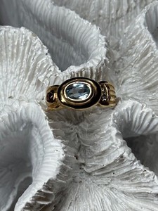 Authentic 925 Sterling Silver Gold Plated Aquamarine, Garnet & CZ Ring Size 4