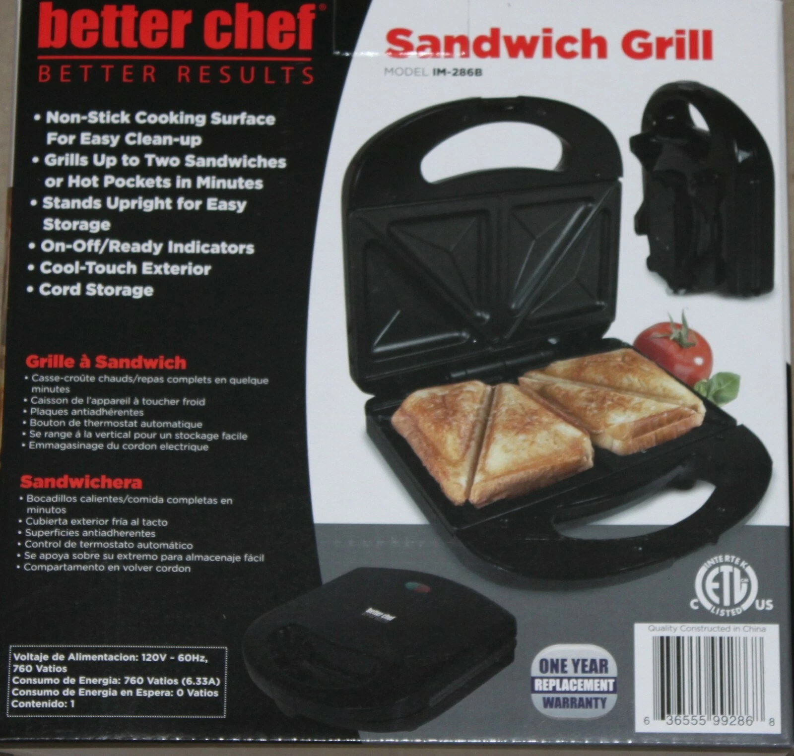 BETTER CHEF SANDWICH GRILL BLACK model # IM286-B