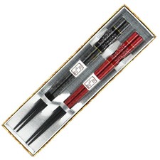 2 Pairs of Japanese Wooden Lacquer Red Black Floral Chopsticks Set Made in Japan