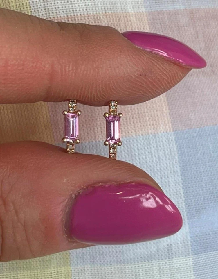 14K Rose Gold 0.35ctw Pink Sapphire & Diamond Huggie Hoop Earrings - Image 4 of 4