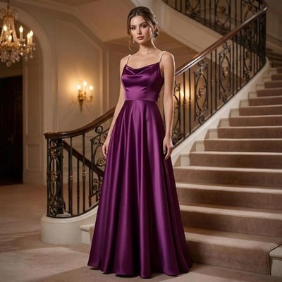 Womens Satin A Line Maxi Dress Pearl Strap Elegant Evening Gown