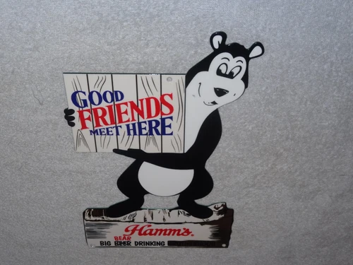 VINTAGE HAMM'S BEER BEAR  DRINKING HAMMS 12" PORCELAIN METAL GASOLINE & OIL SIGN