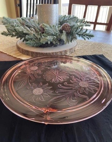Vintage Jeanette Pink Depression Glass Three Footed Cake Plate 10 inch diameter