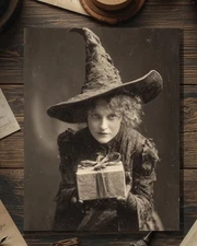 Vintage Victorian Gothic Witch Offering Gift Holiday Birthday Card Blank Inside
