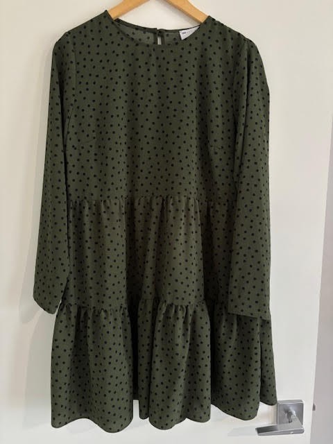 ASOS Khaki Green Polka Dot Dress 14 Tiered Babydoll Smock Cottagecore Boho Ditsy