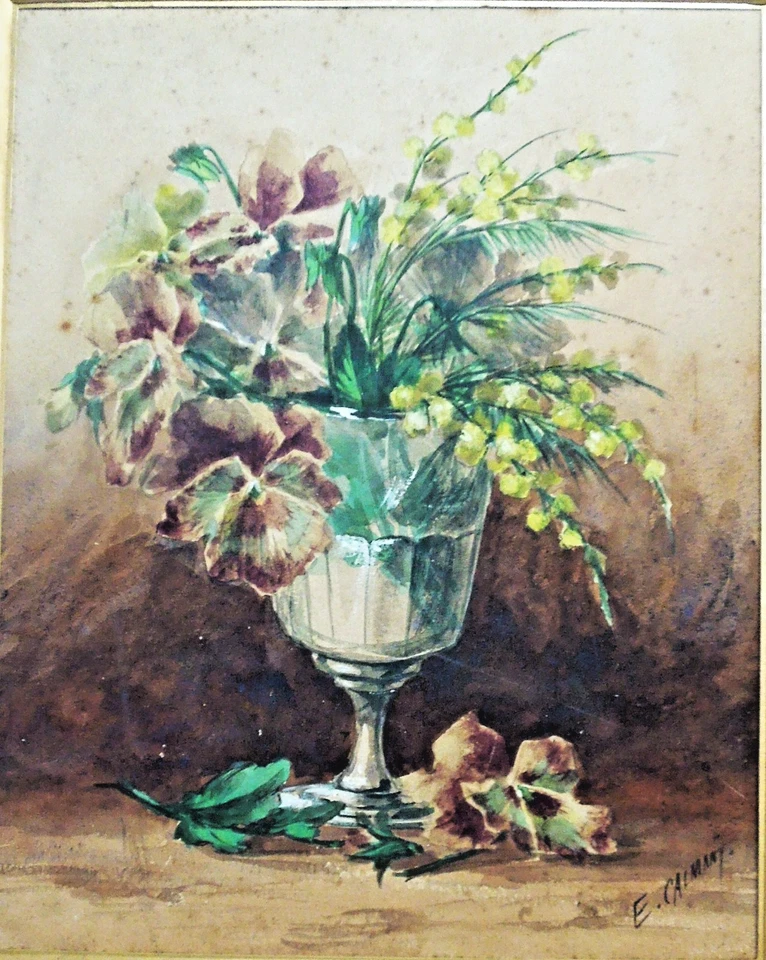 Eugène Calmant (1848-1903) jolie aquarelle d'un bouquet de fleurs dans un verre - Photo 2/4