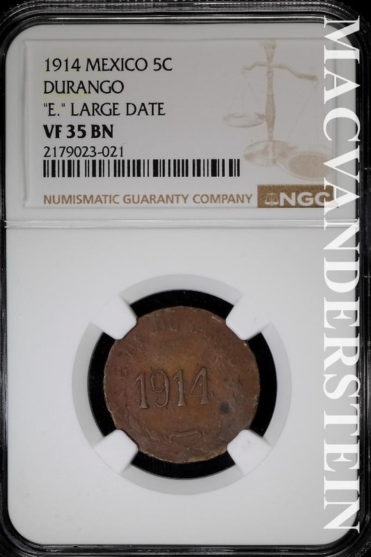 Mexico: 1914 Five Centavos- Durango- NGC VF 35 BN- "E" Large Date #SLA1102