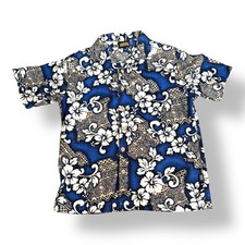 Vintage ODO Blue Hawaiian Shirt Made in USA White Hibiscus Floral Print Aloha