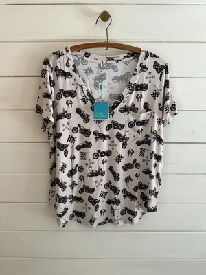 NWT POSH PEANUT V Neck Pocket Tee Top Shirt Women MEDIUM MOTORBIKES Checkered