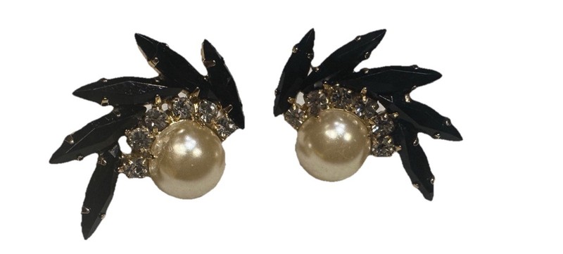 Black Rhinestone Faux Pearl Pierced Earrings Statement Gold Tone Vintage