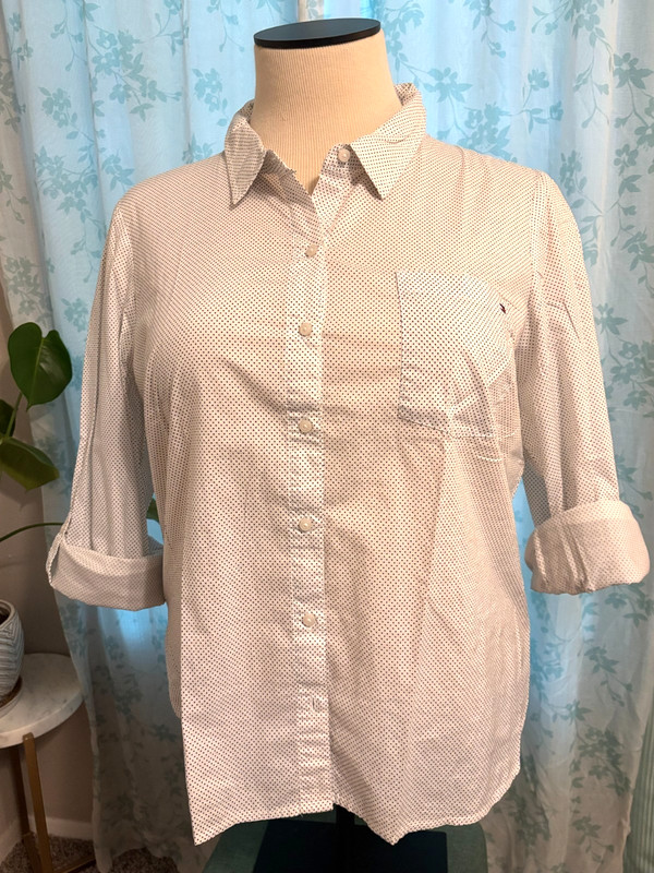 TOMMY HILFIGER blouse BLUE POLKA DOT ROLL TAB WHITE COTTON SHIRT womens XXL 2X