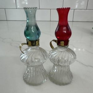Vintage Oil Lamp Salt and Pepper Shakers Glass Clear Glass