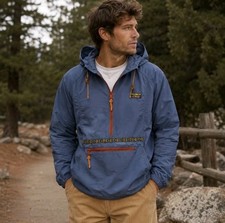 LL Bean Mountain Classic Anorak Windbreaker 1/2 Zip Jacket Blue Aztec Sz Small
