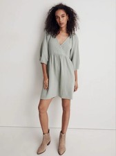 Madewell Women’s Sage Green Gauze Faux Wrap Empire Waist Dress Size Small NWT
