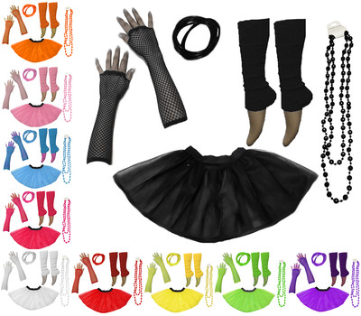 1980er Neon UV Tutu Rock Beinwärmer Perlen Henne Flo Kostüm Party Kostüme Set