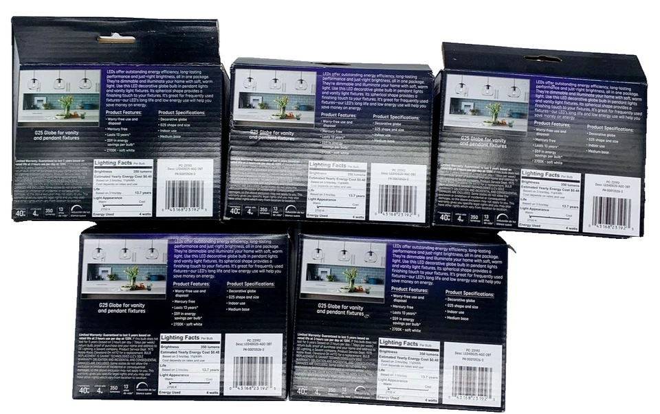 5PK GE LED 40w Dimmable LED G25 350 Lumens Clear Finish ~ 10 Bulbs Total! - Image 2 of 2
