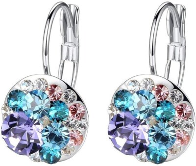 Trendy Silver Tone With Purple Main Crystal Leverback Hoop Earrings Fits Gift