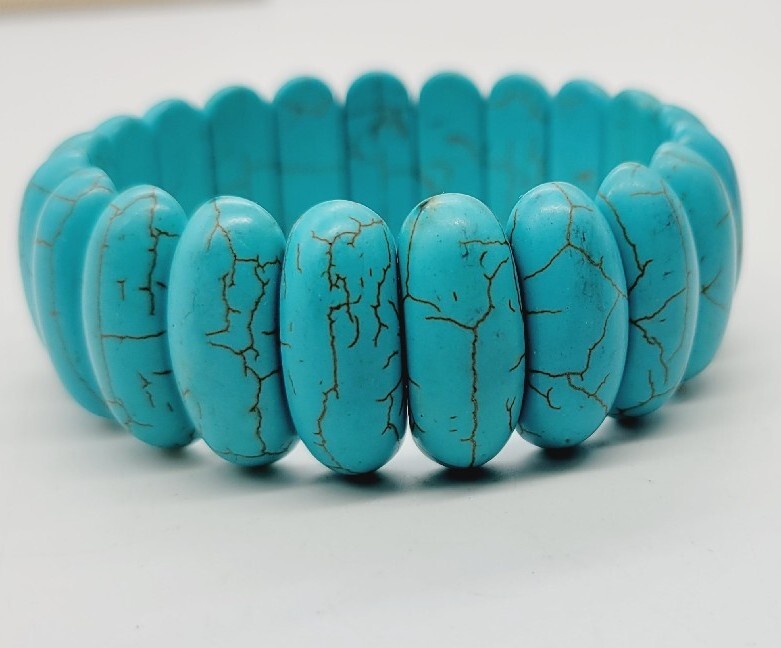 Turquoise Colored Dyed Stone WIDE Chunky Stretch Bracelet One Size