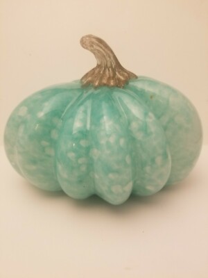 Art Glass Pumpkin TEAL AQUA BLUE 6'' Spotted Gold Stem Fall Decor New