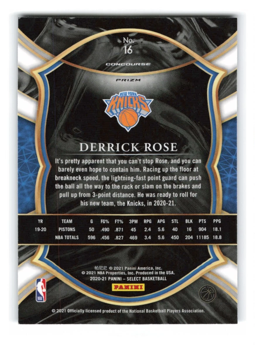 2020 21 Panini Select Derrick Rose Knicks 16 Prizm Blue Concourse