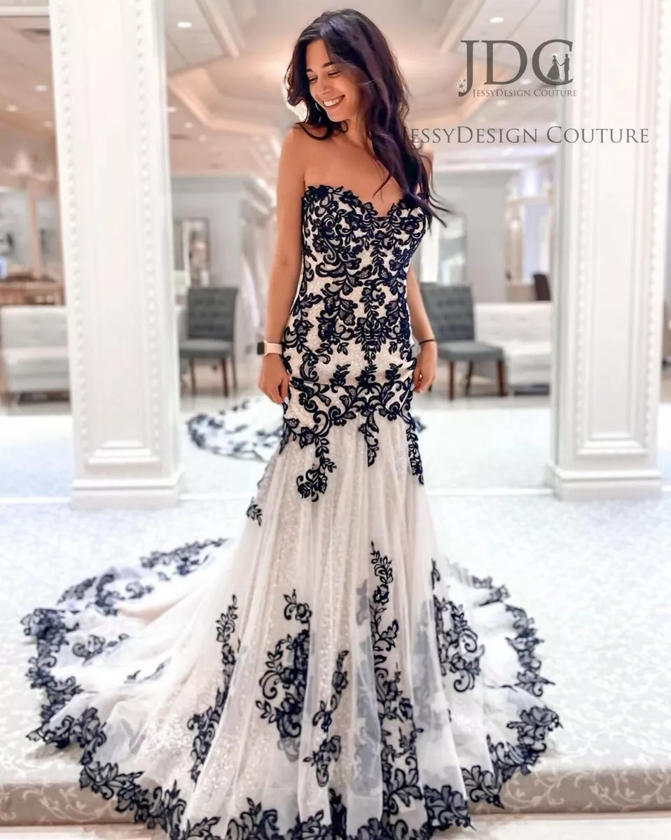 Shimmery Lace Wedding Dress Bridal Gown Black over Ivory Sequins