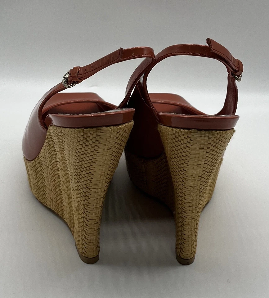 Gucci Coral Naranja Charol Peep Toe Slingback Tejido Rafia Cuña talla 38 Foto 4 de 4