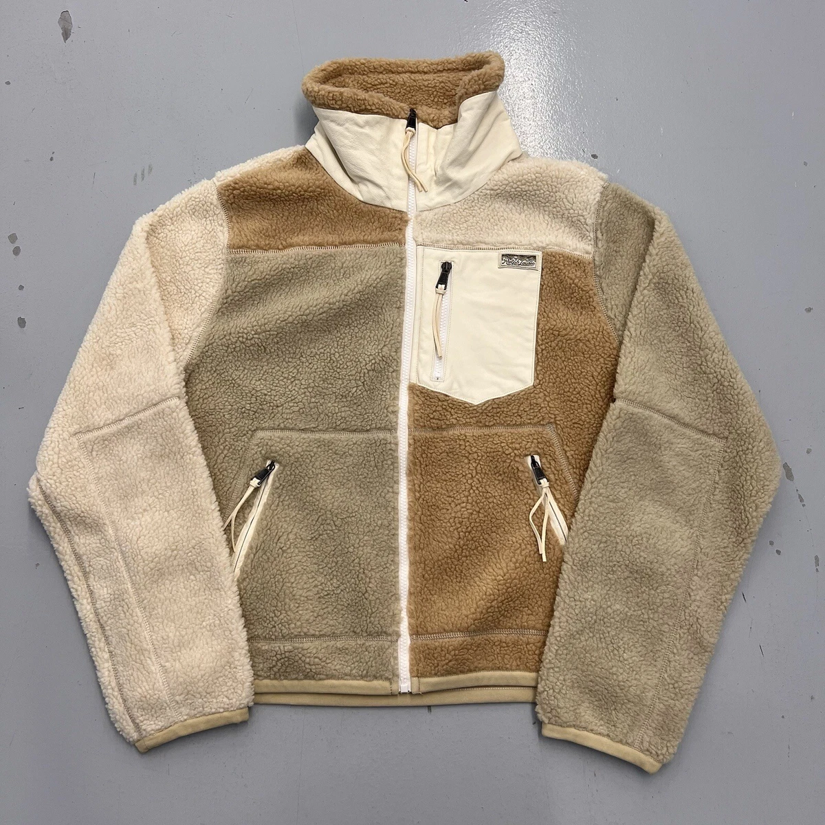 Polo Ralph Lauren Sherpa Patch Fleece Tan Multi Full Zip Up Jacket Womens  Sz XL | eBay