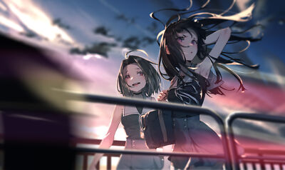 Anime girls original characters windy schoolgirl bokeh Play Gaming Mat Desk