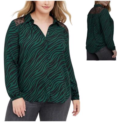 Torrid Georgette Lace Trim Drop Leopard Green Long Sleeve Blouse Size 3X (22-24)