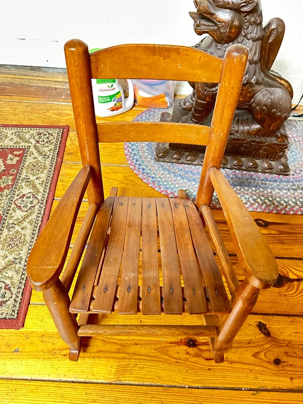 Vintage SLAT Wood Mini Child Doll Rocking Chair Ladder Back Rocker Shaker? Styl