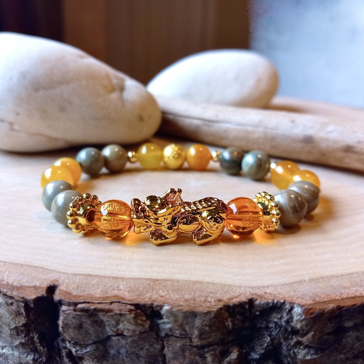 Pixiu Bracelet, Feng Shui, Citrine, Orange, Yellow, Gold Dragon