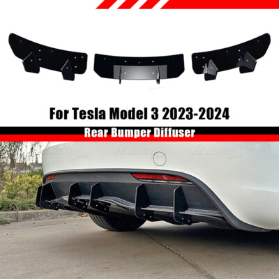 Fits 23-24 Tesla Model 3 Gloss Black Rear Bumper Lip Diffuser Shark Fin Splitter