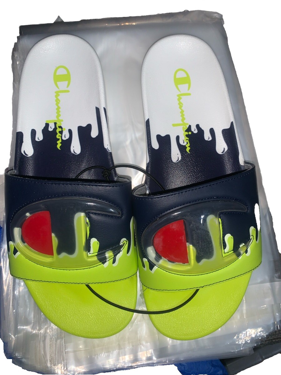 NEW Champion IPO Drip Mens Slides Sandals Logo Slip On White Green Navy  Shoes 11